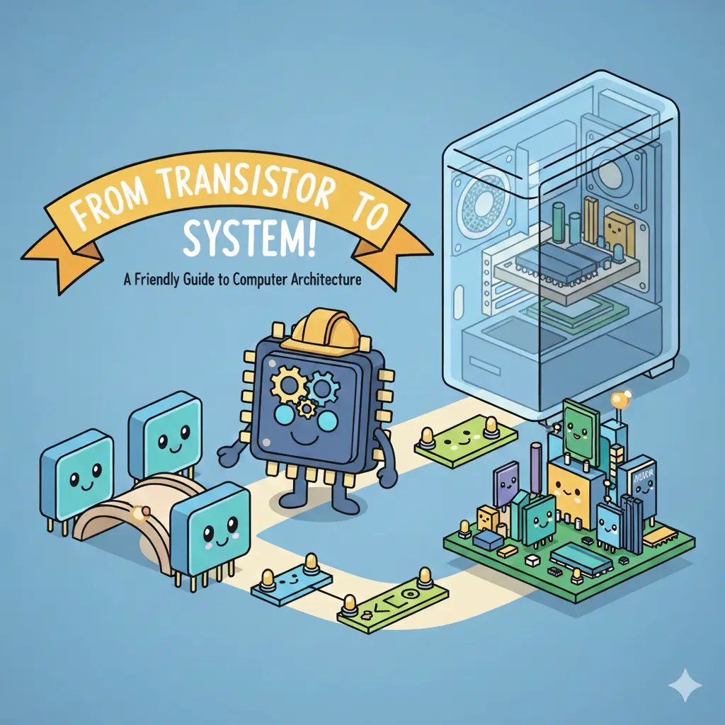 Cover image for the blog series "From Transistor to System: A Friendly Guide to Computer Architecture," showing various computer components in a cheerful, cartoon style