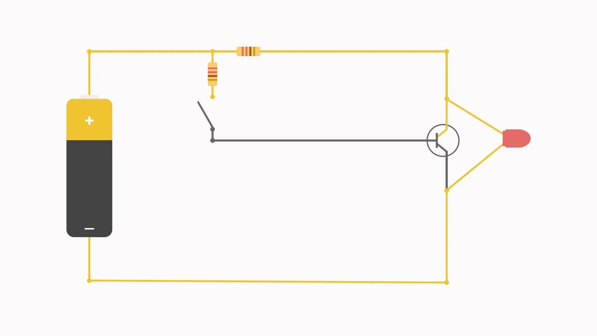 Simple battery-powered circuit with a transistor and an LED in parallel