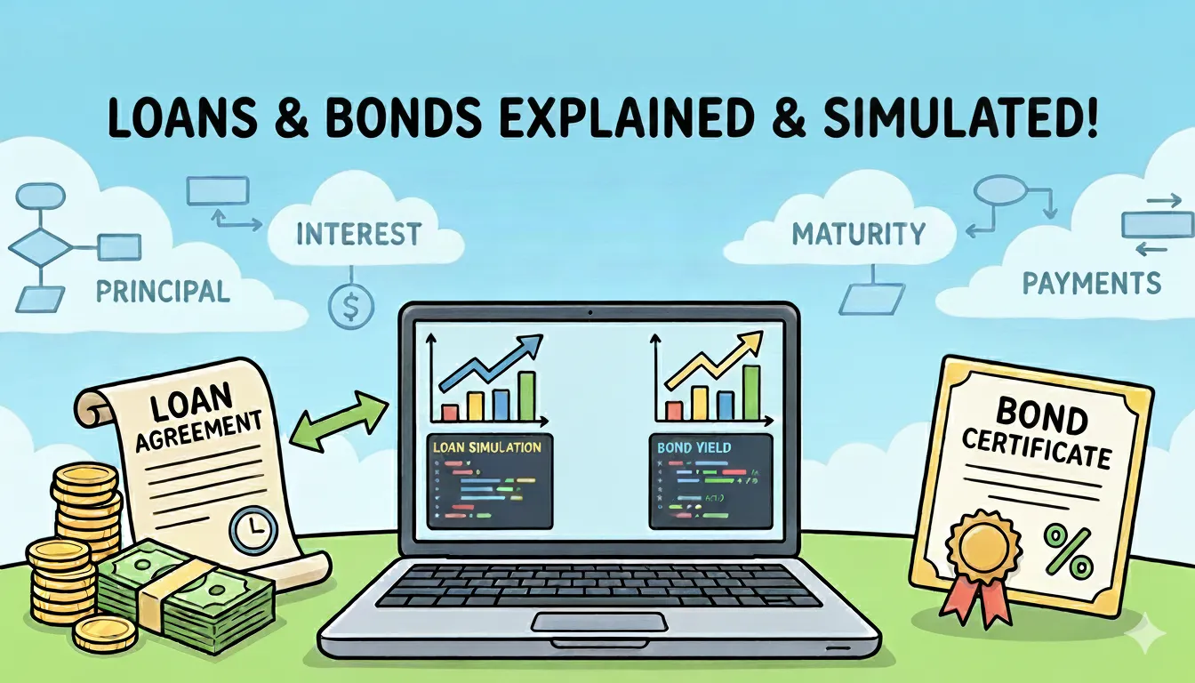 Illustration explaining how loans and bonds work, including interest, repayment, and default risk
