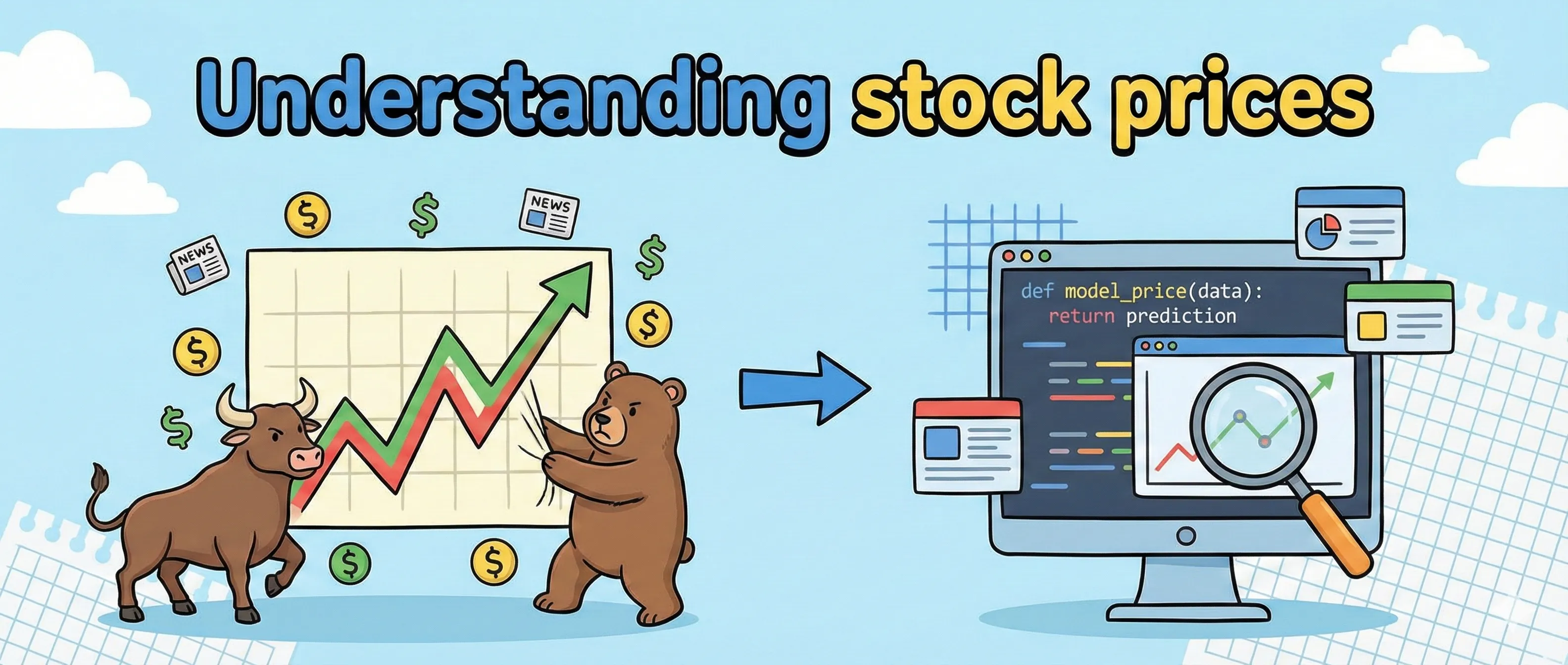 Banner illustration displaying financial stock charts and data analysis trends